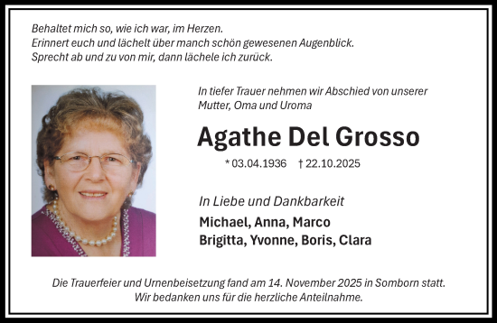 Traueranzeige von Agathe Del Grosso von Gelnhäuser Neue Zeitung