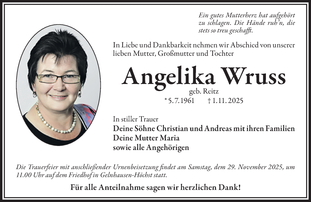  Traueranzeige für Angelika Wruss vom 29.11.2025 aus Mittelhessen-Bote