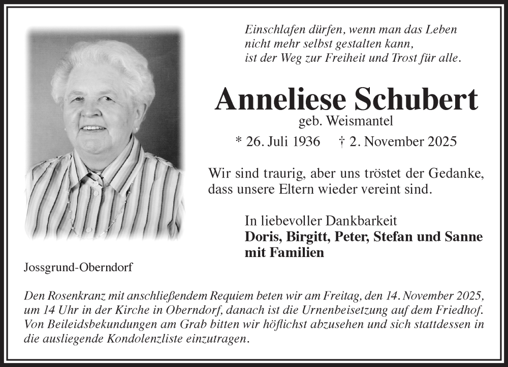  Traueranzeige für Anneliese Schubert vom 11.11.2025 aus Gelnhäuser Neue Zeitung