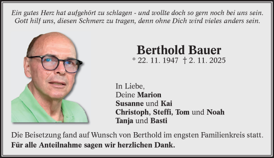 Traueranzeige von Berthold Bauer von Gelnhäuser Neue Zeitung