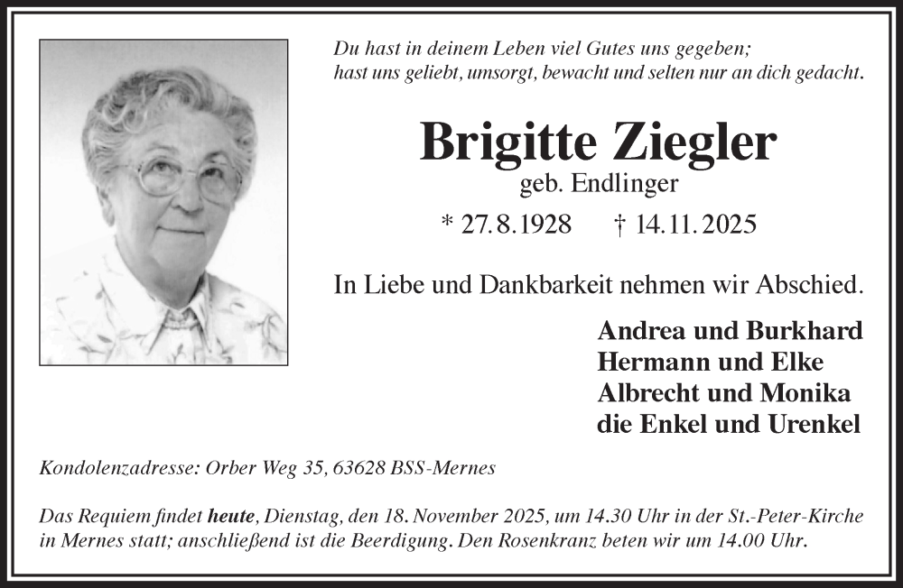  Traueranzeige für Brigitte Ziegler vom 18.11.2025 aus Gelnhäuser Neue Zeitung