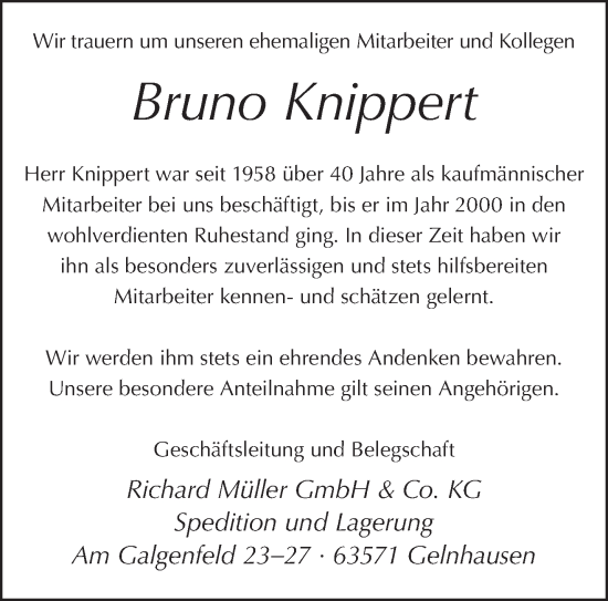 Traueranzeige von Bruno Knippert von Gelnhäuser Neue Zeitung