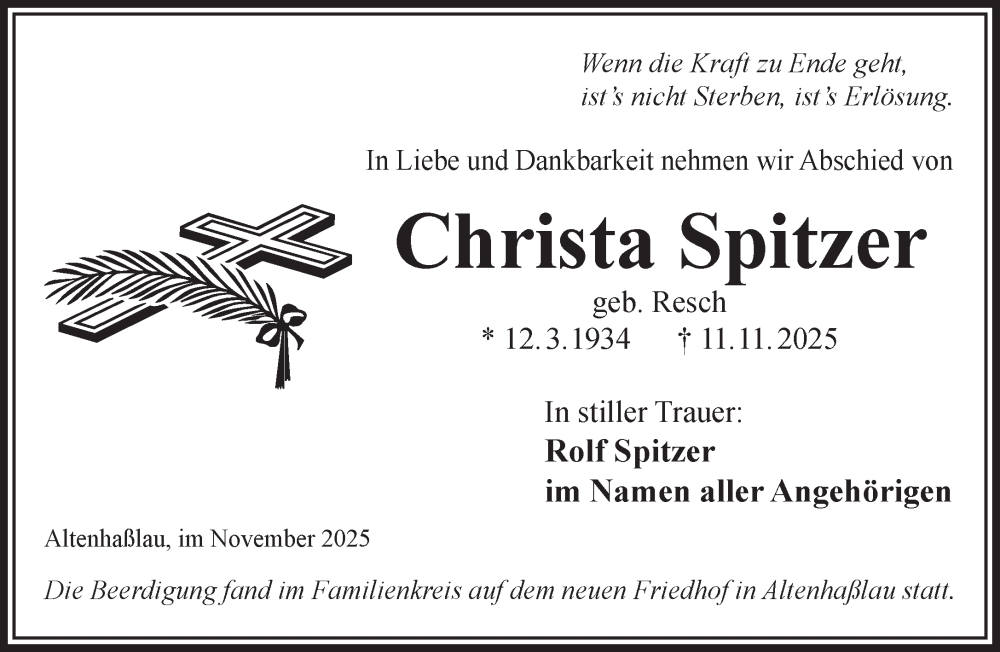  Traueranzeige für Christa Spitzer vom 29.11.2025 aus Mittelhessen-Bote