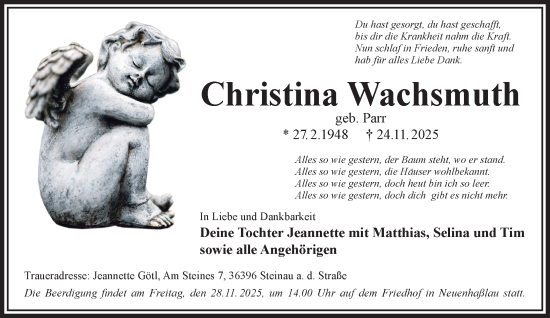 Traueranzeige von Christina Wachsmuth von Gelnhäuser Neue Zeitung