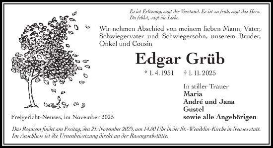Traueranzeige von Edgar Grüb von Gelnhäuser Neue Zeitung