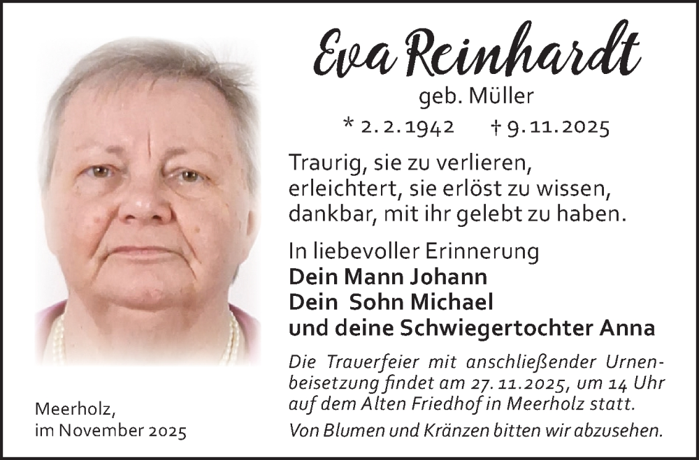  Traueranzeige für Eva Reinhardt vom 22.11.2025 aus Mittelhessen-Bote