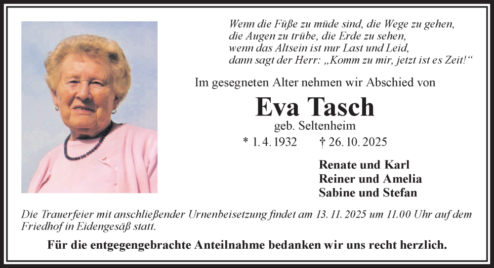  Traueranzeige für Eva Tasch vom 08.11.2025 aus Gelnhäuser Neue Zeitung