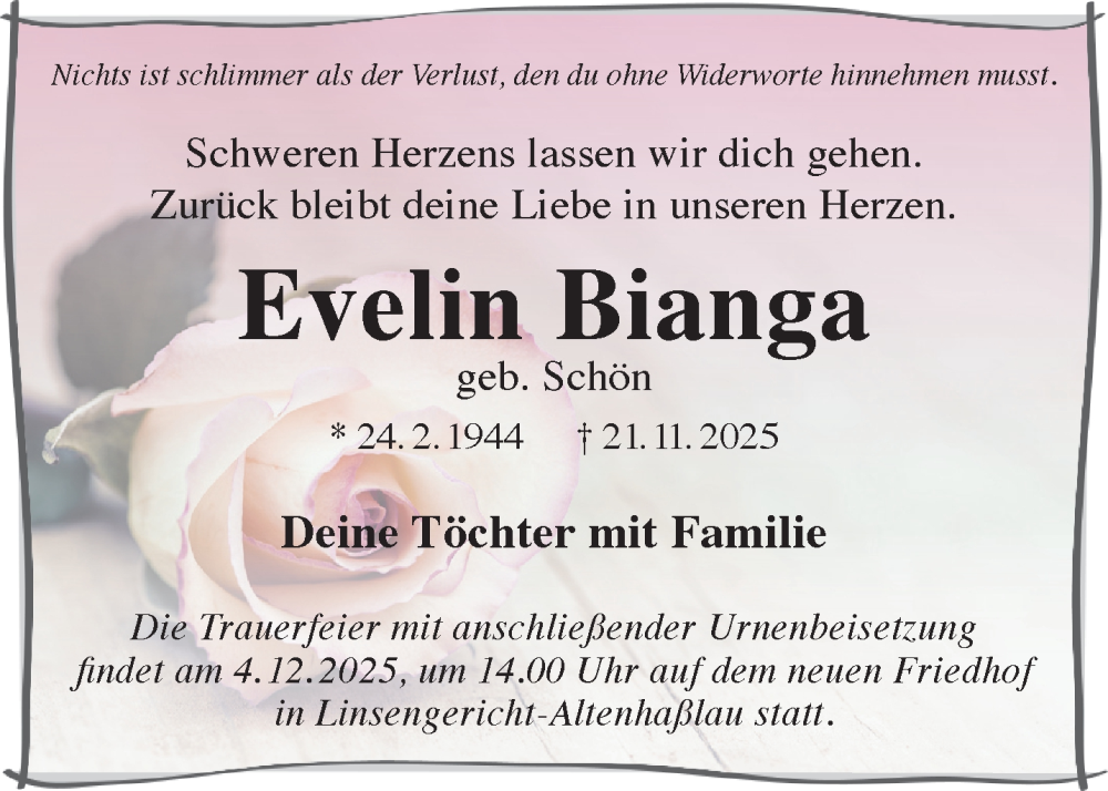  Traueranzeige für Evelin Bianga vom 29.11.2025 aus Gelnhäuser Neue Zeitung