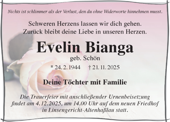 Traueranzeige von Evelin Bianga von Gelnhäuser Neue Zeitung