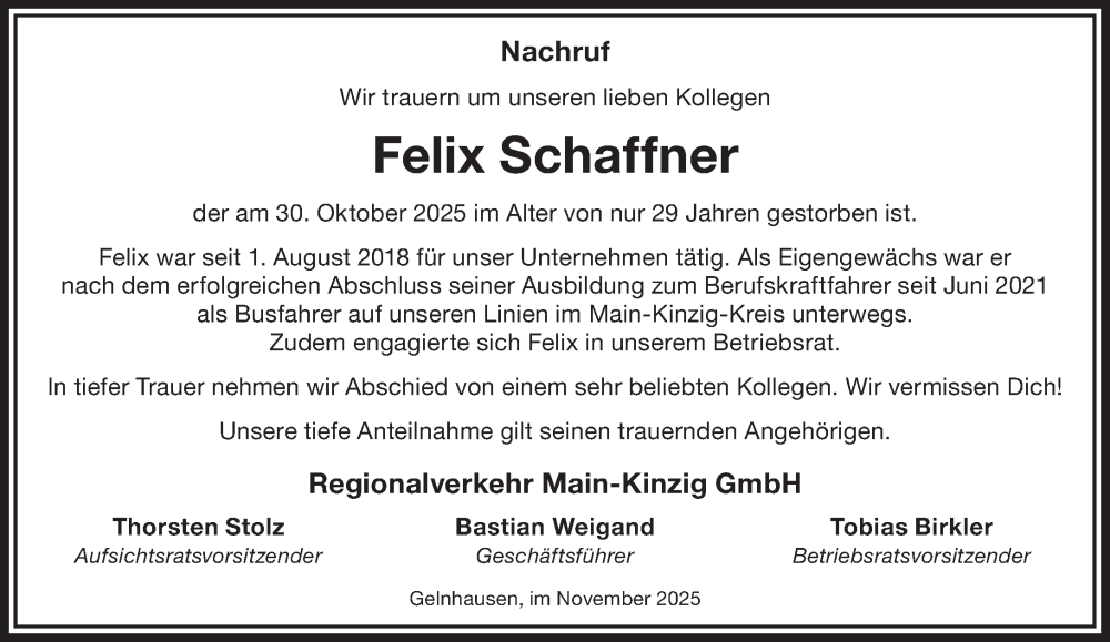  Traueranzeige für Felix Schaffner vom 15.11.2025 aus Gelnhäuser Neue Zeitung