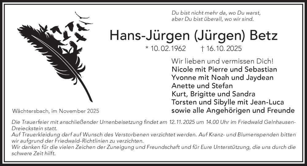 Traueranzeige für Hans-Jürgen Betz vom 08.11.2025 aus Mittelhessen-Bote