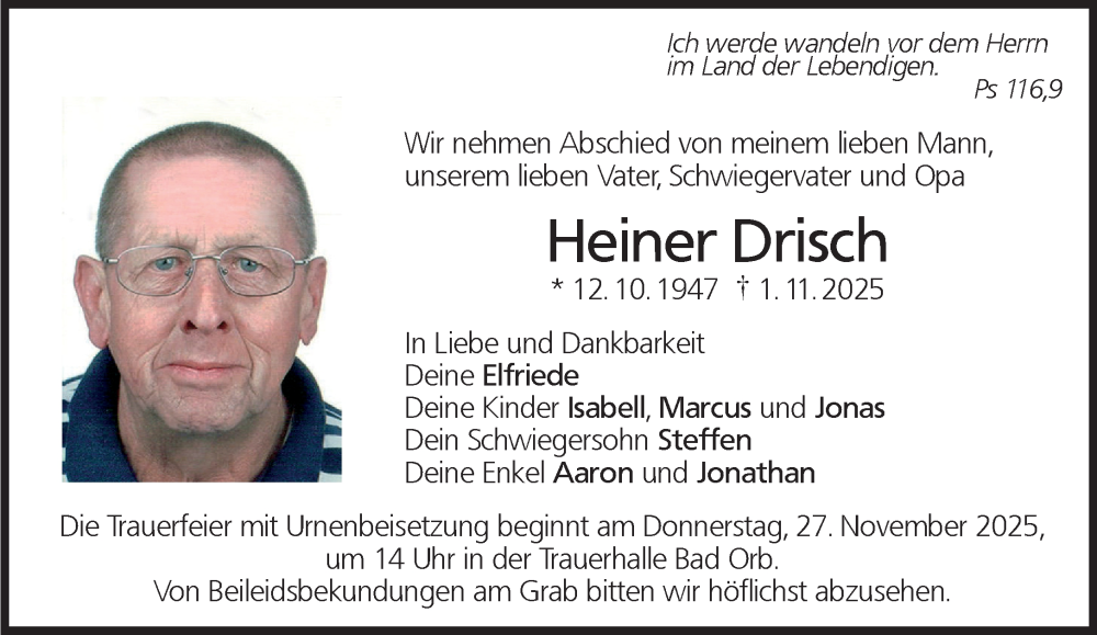  Traueranzeige für Heiner Drisch vom 22.11.2025 aus Gelnhäuser Neue Zeitung