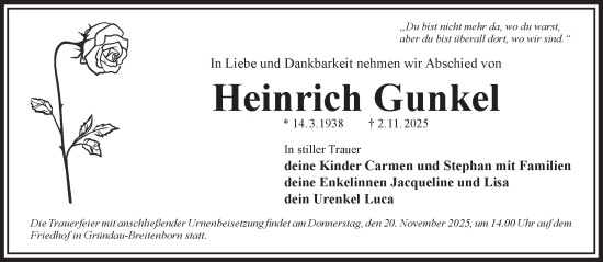 Traueranzeige von Heinrich Gunkel von Gelnhäuser Neue Zeitung