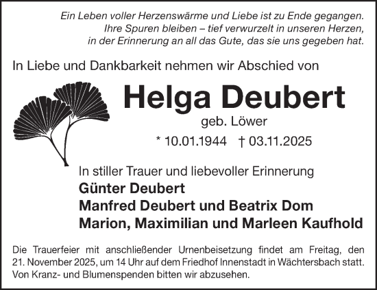 Traueranzeige von Helga Deubert von Gelnhäuser Neue Zeitung