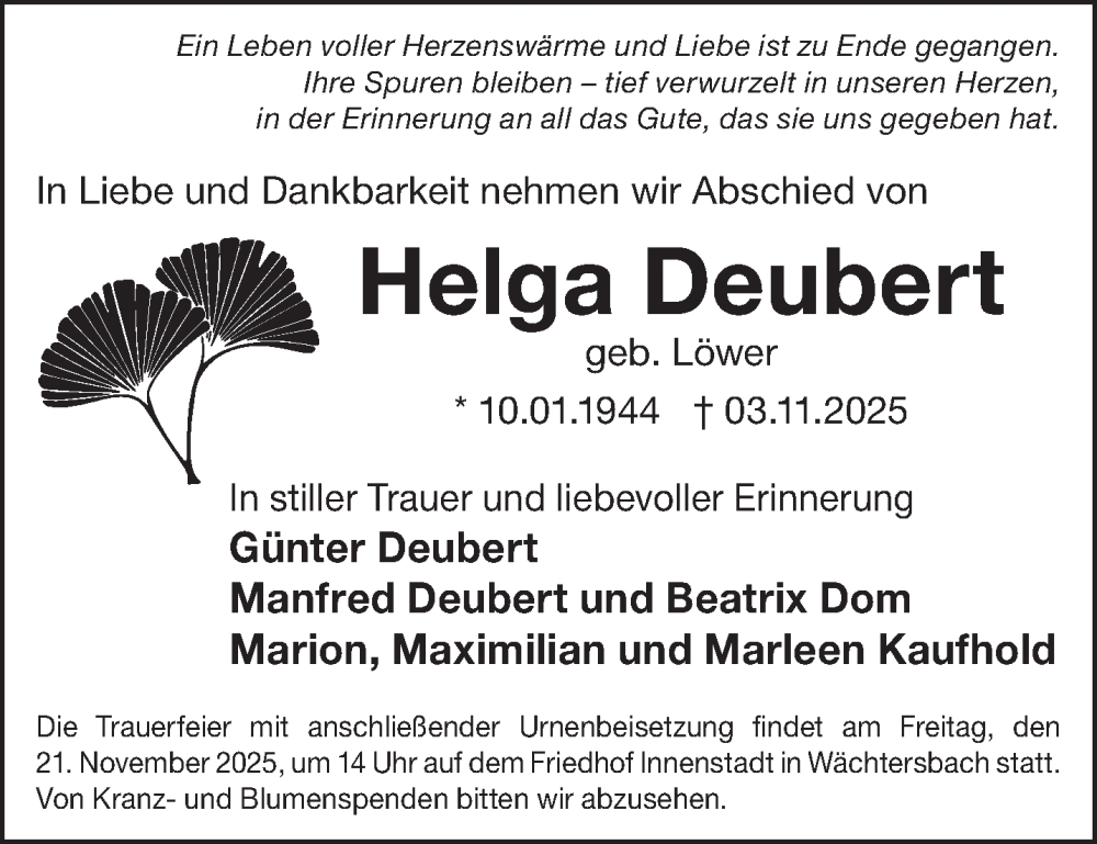  Traueranzeige für Helga Deubert vom 15.11.2025 aus Mittelhessen-Bote