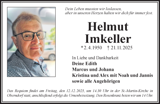 Traueranzeige von Helmut Imkeller von Gelnhäuser Neue Zeitung