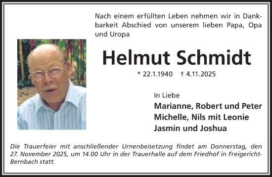 Traueranzeige von Helmut Schmidt von Gelnhäuser Neue Zeitung