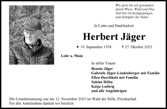 Traueranzeige von Herbert Jäger von Mittelhessen-Bote