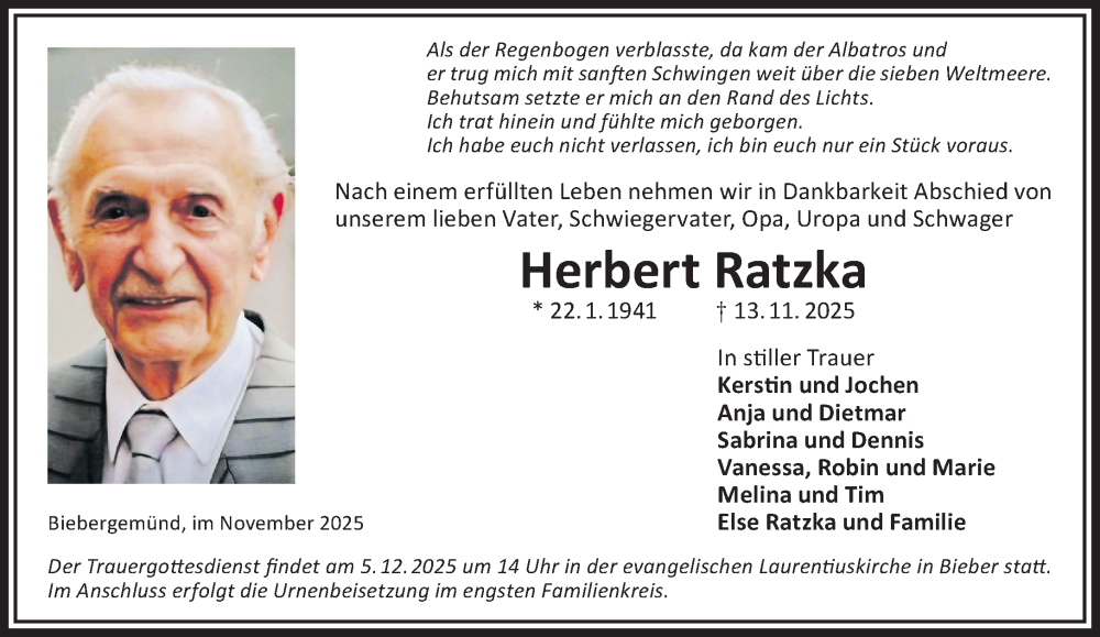  Traueranzeige für Herbert Ratzka vom 29.11.2025 aus Gelnhäuser Neue Zeitung