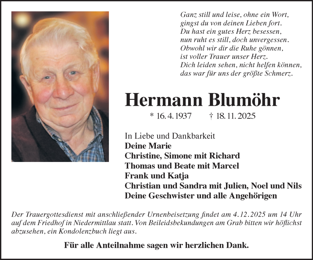  Traueranzeige für Hermann Blumöhr vom 29.11.2025 aus Gelnhäuser Neue Zeitung