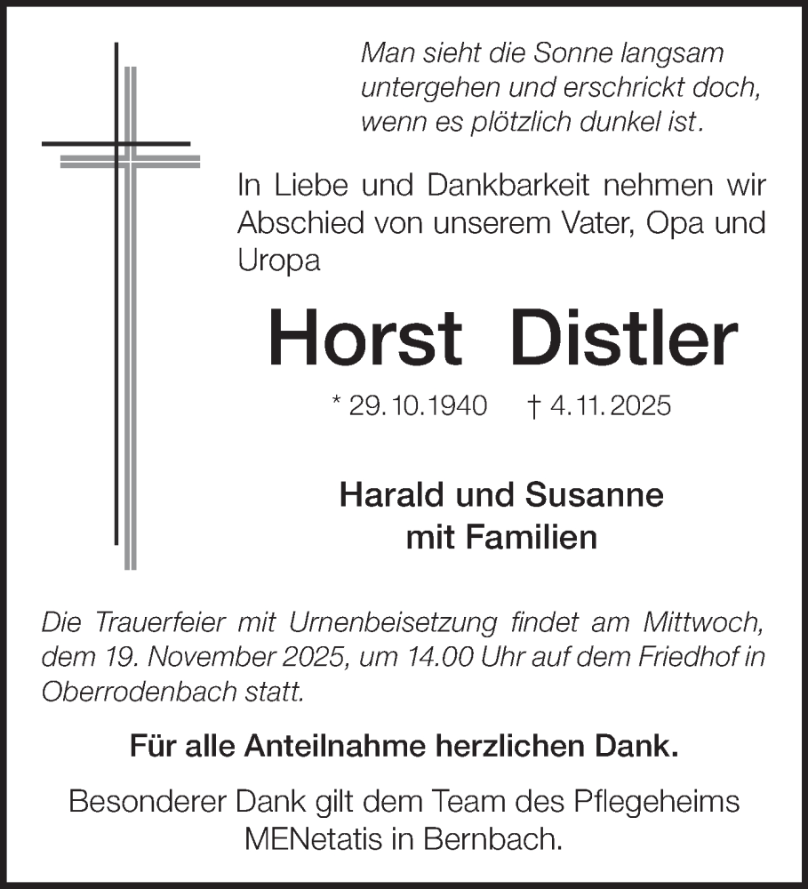  Traueranzeige für Horst Distler vom 15.11.2025 aus Mittelhessen-Bote
