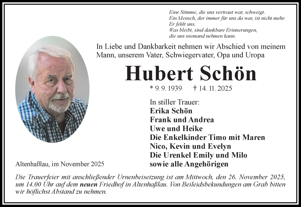  Traueranzeige für Hubert Schön vom 22.11.2025 aus Gelnhäuser Neue Zeitung