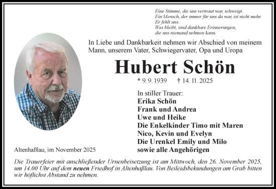 Traueranzeige von Hubert Schön von Gelnhäuser Neue Zeitung