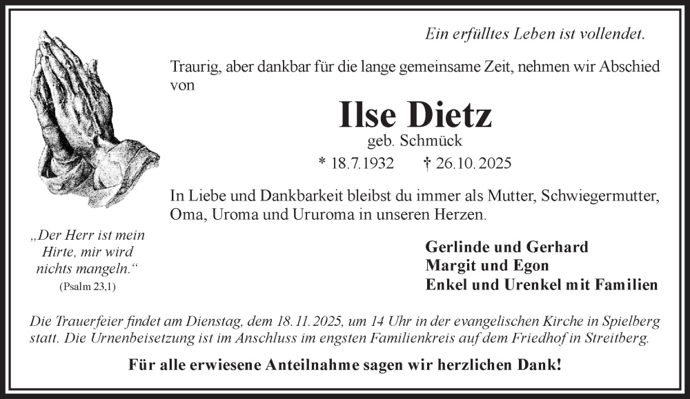  Traueranzeige für Ilse Dietz vom 15.11.2025 aus Mittelhessen-Bote