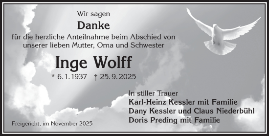 Traueranzeige von Inge Wolff von Gelnhäuser Neue Zeitung