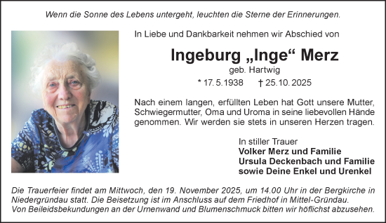 Traueranzeige von Ingeburg Merz von Gelnhäuser Neue Zeitung