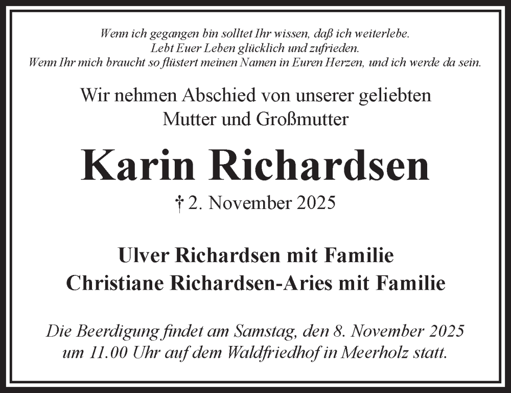  Traueranzeige für Karin Richardsen vom 08.11.2025 aus Mittelhessen-Bote