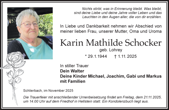 Traueranzeige von Karin Mathilde Schocker von Gelnhäuser Neue Zeitung