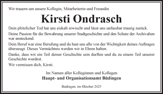 Traueranzeige von Kirsti Ondrasch von Gelnhäuser Neue Zeitung