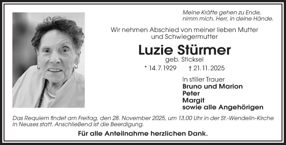  Traueranzeige für Luzie Stürmer vom 25.11.2025 aus Gelnhäuser Neue Zeitung