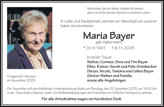 Traueranzeige von Maria Bayer von Gelnhäuser Neue Zeitung