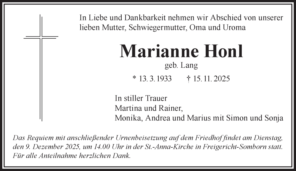  Traueranzeige für Marianne Honl vom 29.11.2025 aus Gelnhäuser Neue Zeitung
