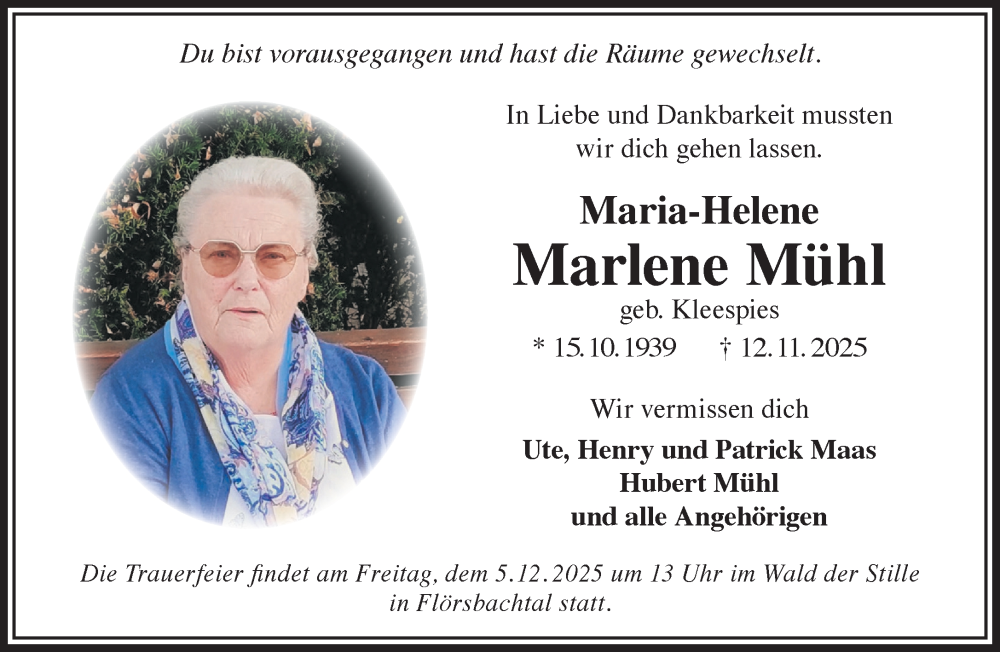  Traueranzeige für Marlene Mühl vom 29.11.2025 aus Mittelhessen-Bote