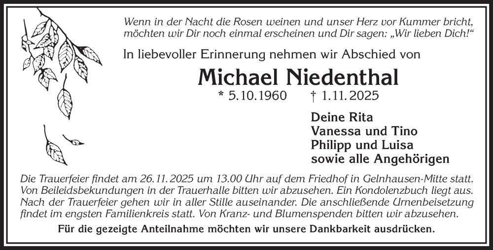  Traueranzeige für Michael Niedenthal vom 22.11.2025 aus Gelnhäuser Neue Zeitung