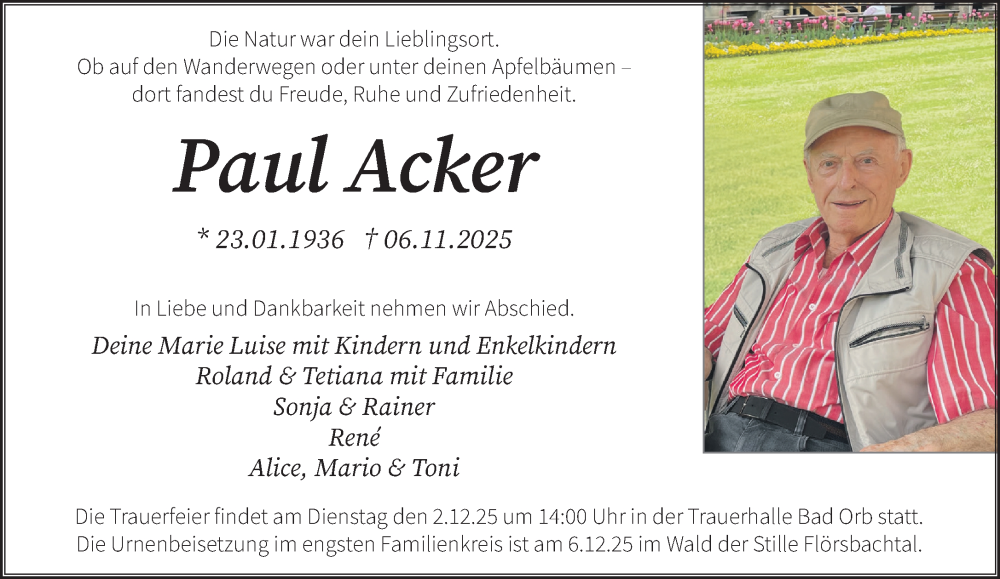  Traueranzeige für Paul Acker vom 15.11.2025 aus Gelnhäuser Neue Zeitung