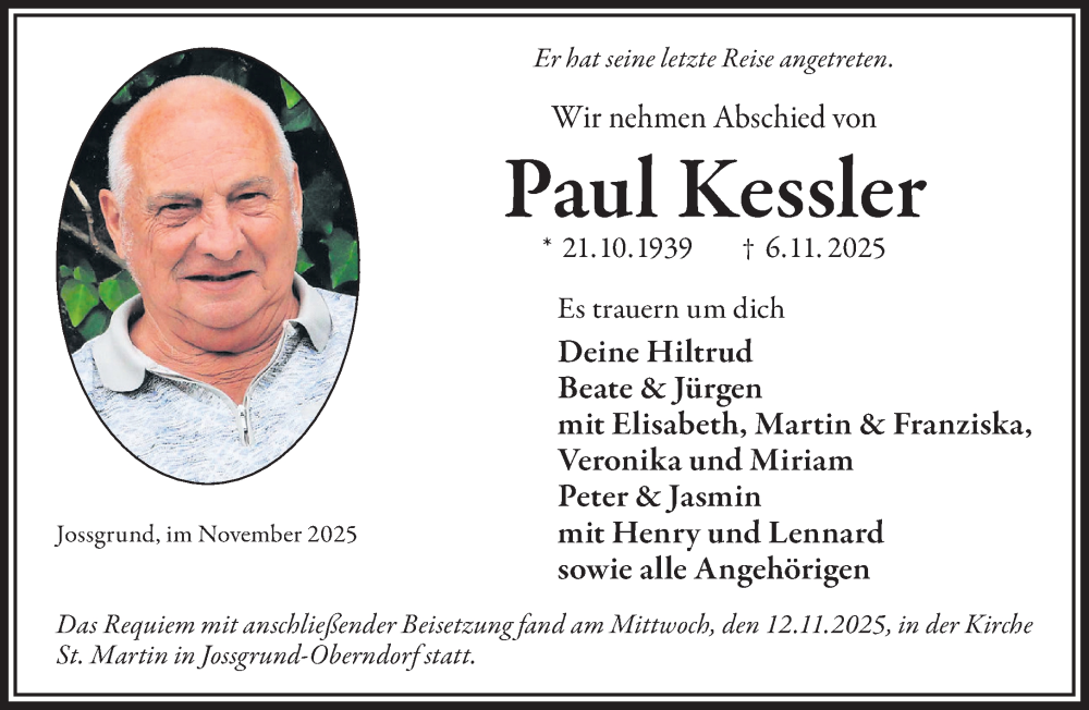  Traueranzeige für Paul Kessler vom 15.11.2025 aus Mittelhessen-Bote