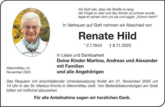 Traueranzeige von Renate Hild von Gelnhäuser Neue Zeitung