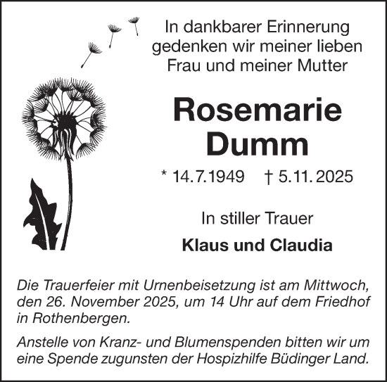 Traueranzeige von Rosemarie Dumm von Gelnhäuser Neue Zeitung