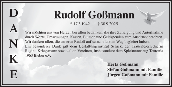 Traueranzeige von Rudolf Goßmann von Gelnhäuser Neue Zeitung