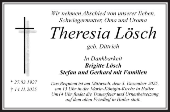 Traueranzeige von Theresia Lösch von Gelnhäuser Neue Zeitung