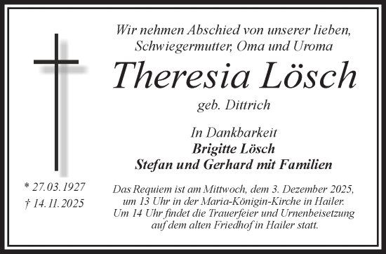 Traueranzeige von Theresia Lösch von Gelnhäuser Neue Zeitung
