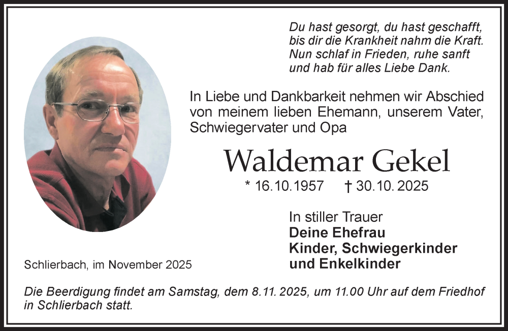  Traueranzeige für Waldemar Gekel vom 04.11.2025 aus Gelnhäuser Neue Zeitung