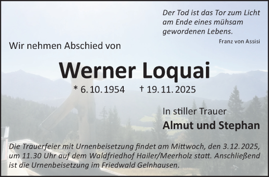 Traueranzeige von Werner Loquai von Gelnhäuser Neue Zeitung