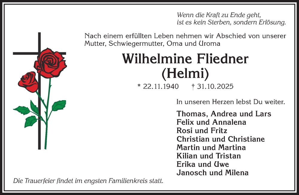  Traueranzeige für Wilhelmine Fliedner vom 19.11.2025 aus Gelnhäuser Neue Zeitung