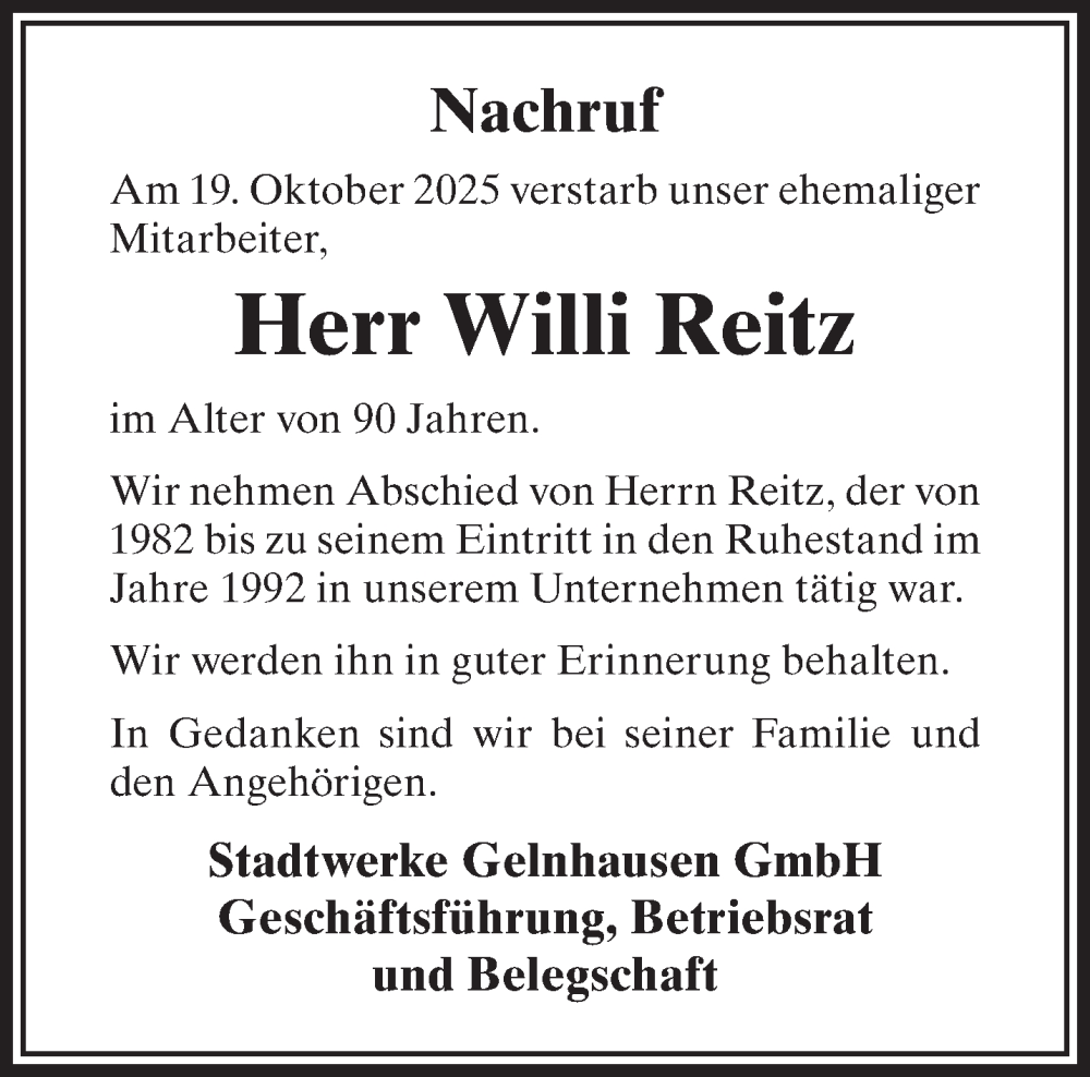  Traueranzeige für Willi Reitz vom 22.11.2025 aus Gelnhäuser Neue Zeitung