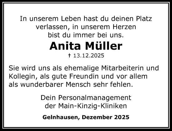 Traueranzeige von Anita Müller von Gelnhäuser Neue Zeitung